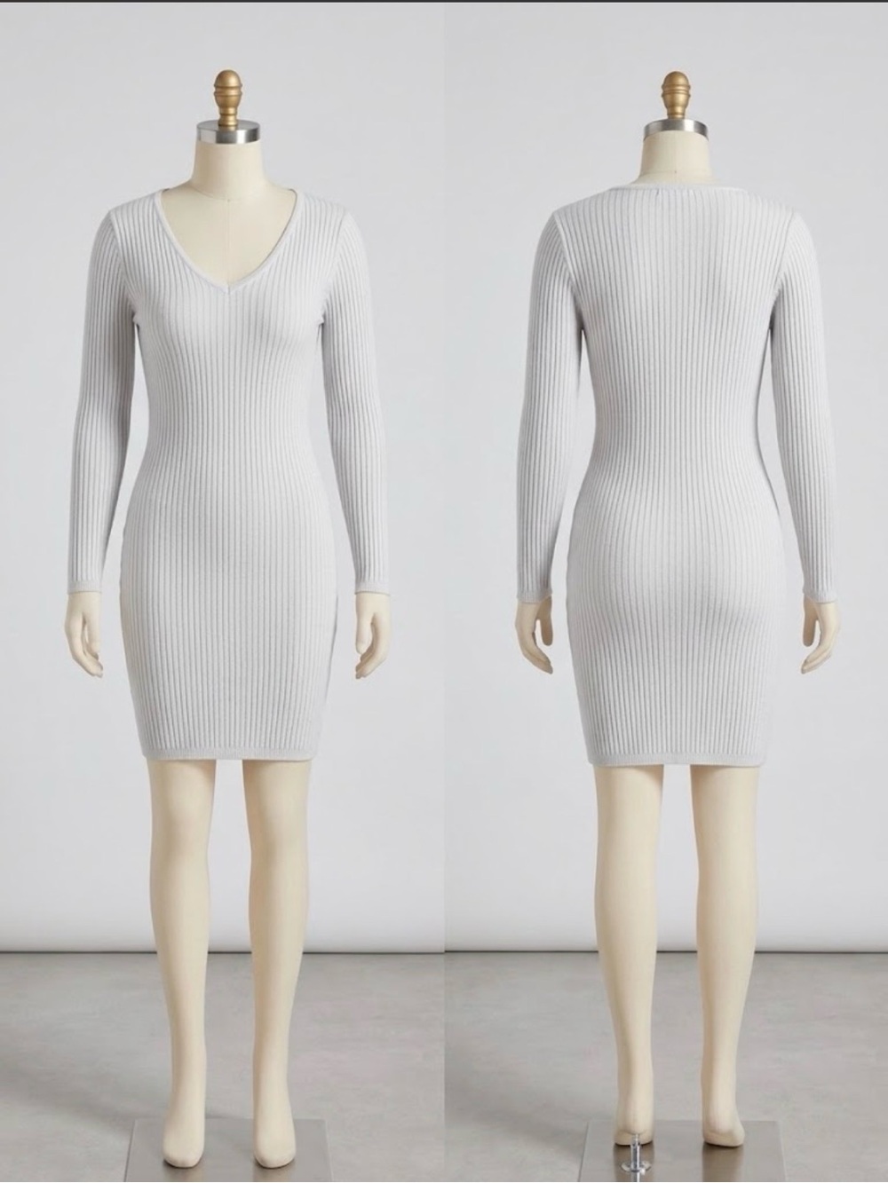 Ribbed V-Neck Long Sleeve Bodycon Dress - Light Gray / White